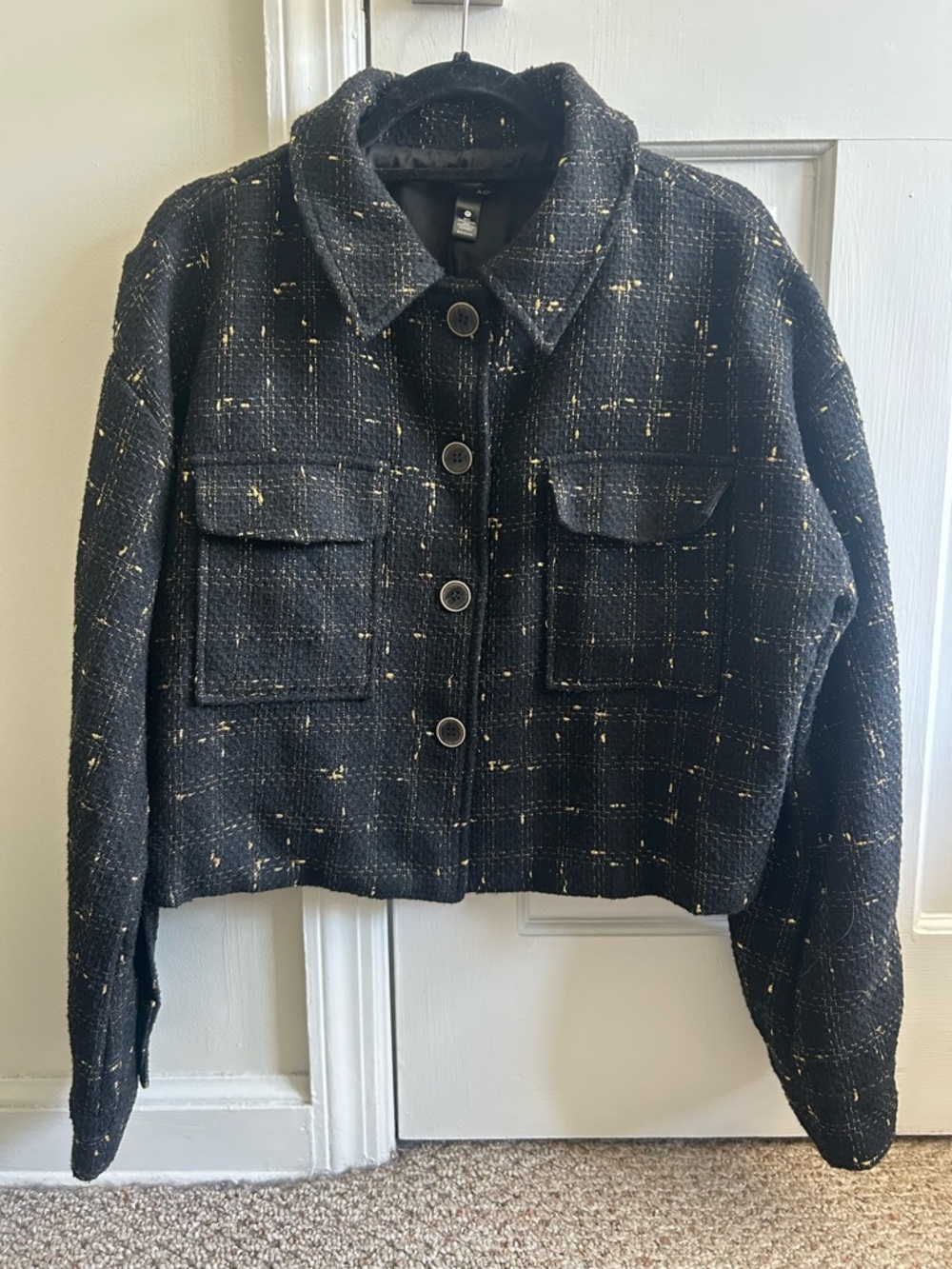 Aqua Black Tweed Button-Front Jacket with Gold Threading